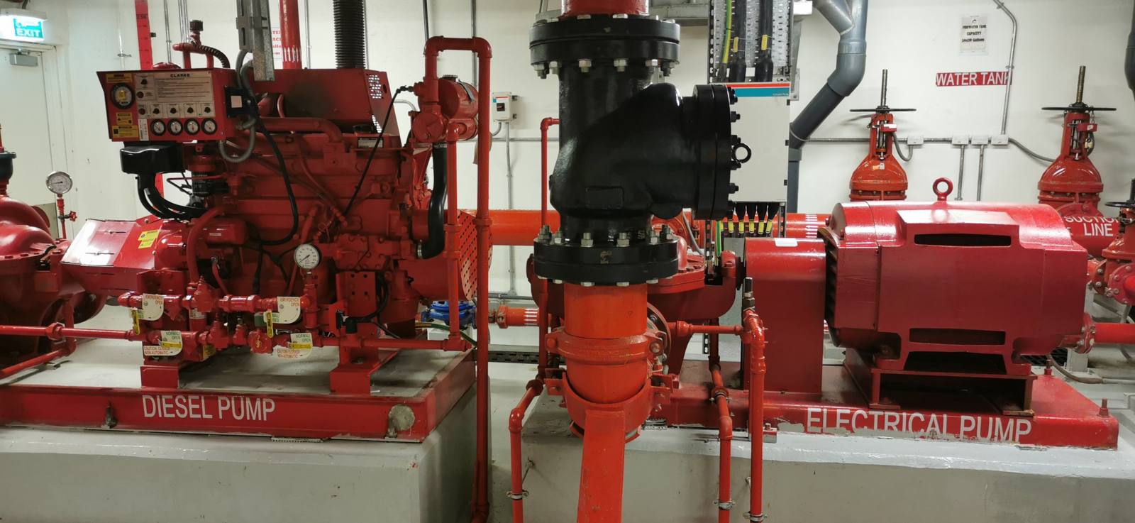Diesel and electric fire pumps in a pump room